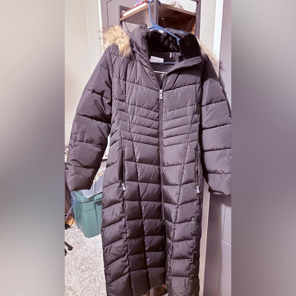 Calvin Klein Black Long Puffer Coat with Fur Trim